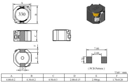 Configuration et dimensions de la série d'inducteurs de puissance MCU6045